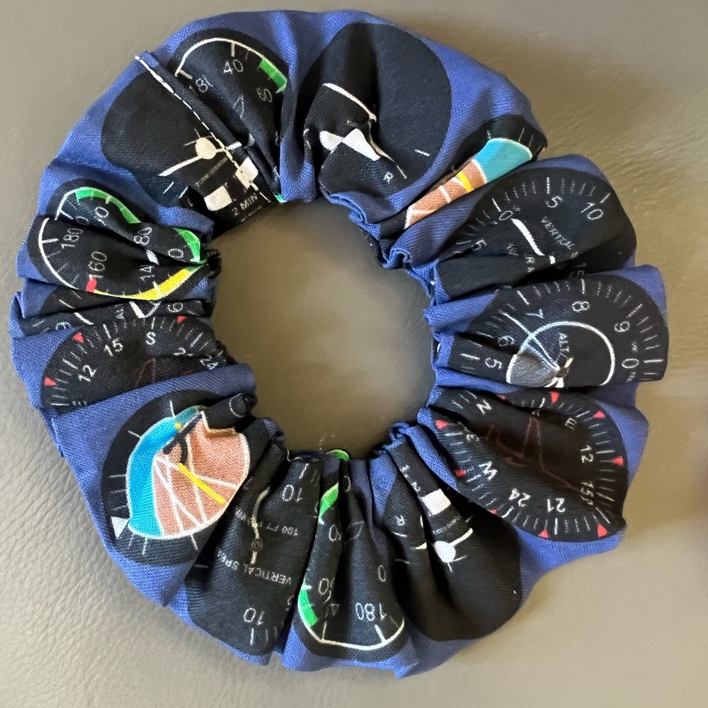 Pilot hair tie/lady aviator scrunchie/airplane gauges/blue scrunchie aviation